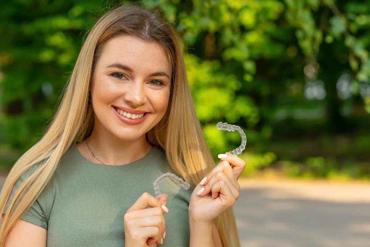 Woman smiling while holding clear dental aligners for teeth straightening