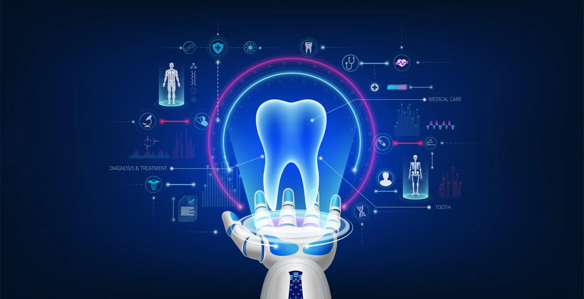 Advanced digital dental technology and tooth diagnosis and treatment illustration