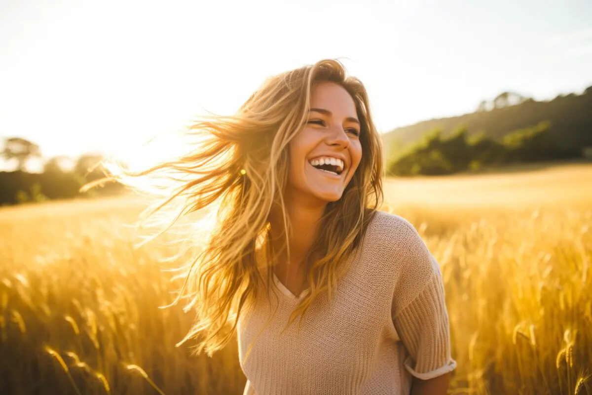 Happy woman smiling outdoors with healthy, beautiful teeth