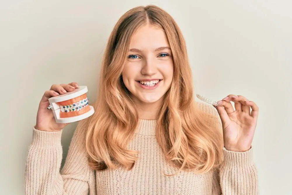 Smiling young woman holding a braces dental model and clear aligner